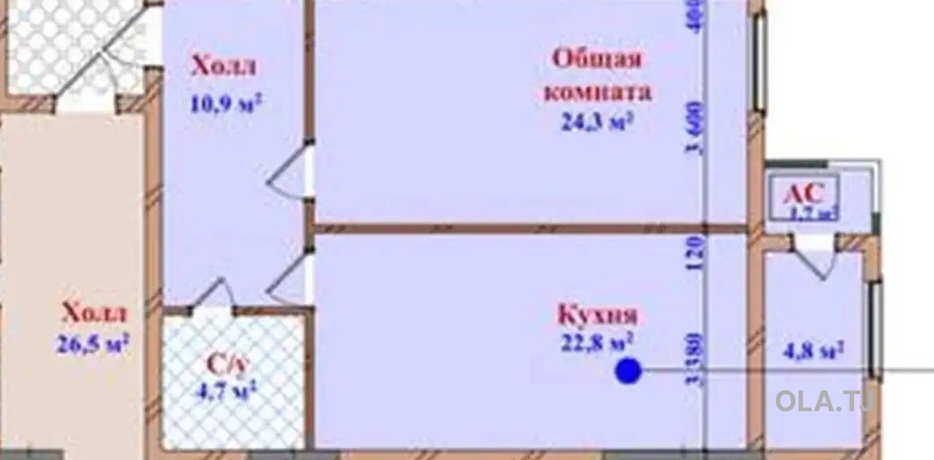 1 комнатная квартира, 13 этаж, 69 м²