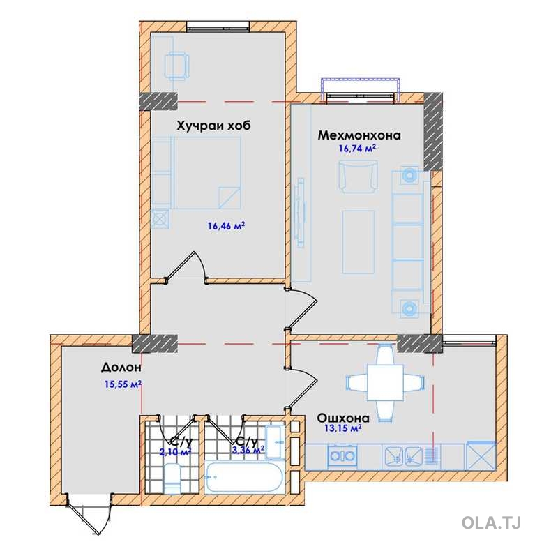 2 комнатная квартира, 7 этаж, 67 м²