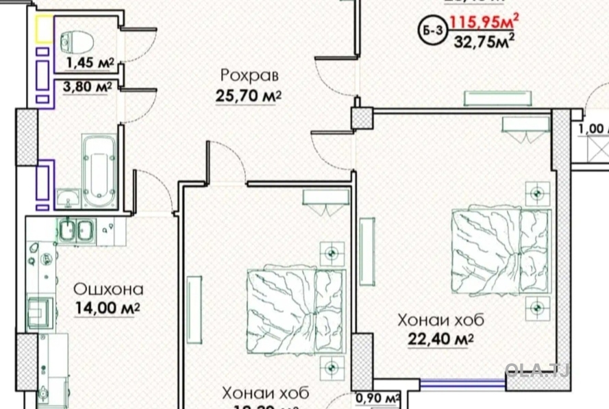 3 комнатная квартира, 7 этаж, 115 м²