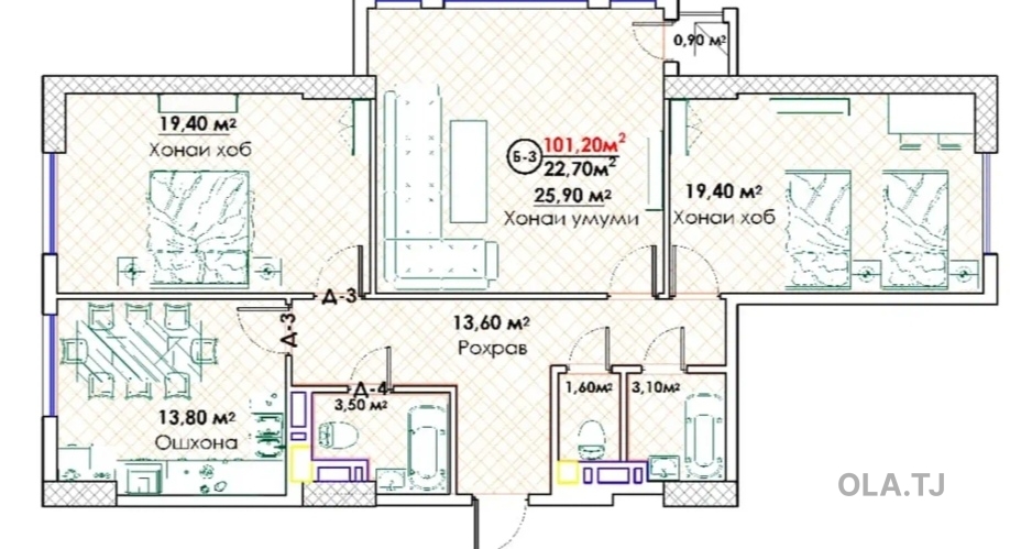 3 комнатная квартира, 14 этаж, 101 м²