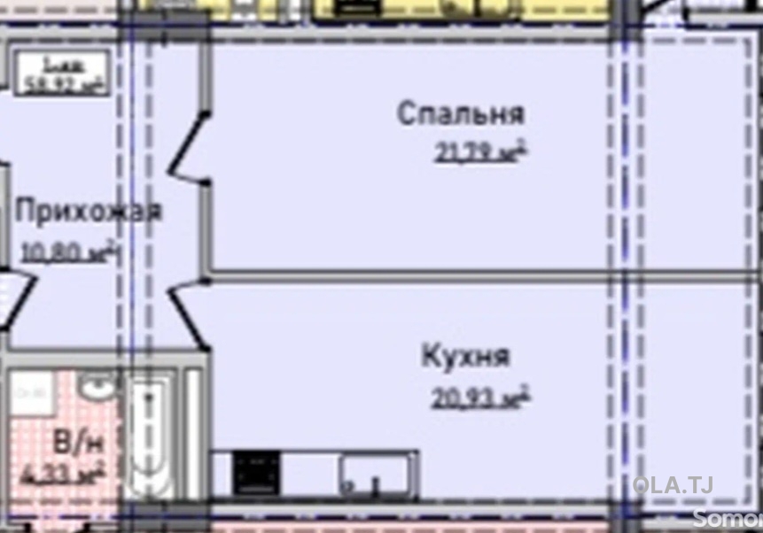1 комнатная квартира, 4 этаж, 59 м²