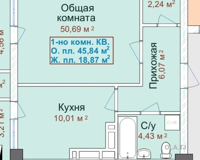1 комнатная квартира, 8 этаж, 62 м²