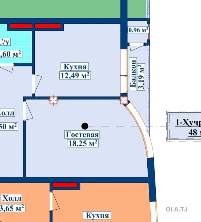1 комнатная квартира, 7 этаж, 48 м²