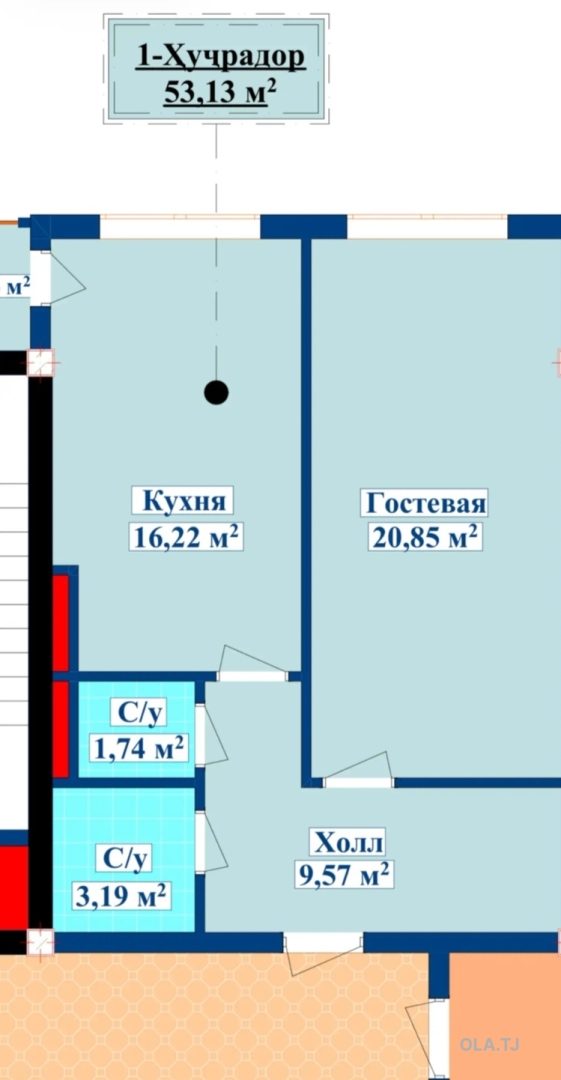 1 комнатная квартира, 11 этаж, 54 м²