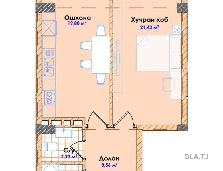 1 комнатная квартира, 8 этаж, 50 м²