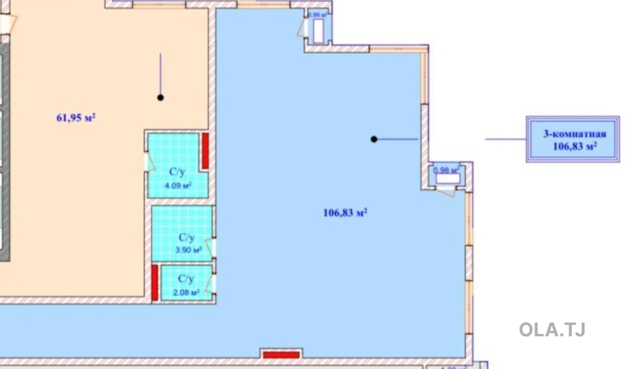 3 комнатная квартира, 13 этаж, 107 м²