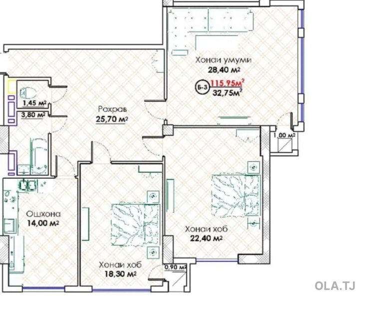 3 комнатная квартира, 14 этаж, 116 м²