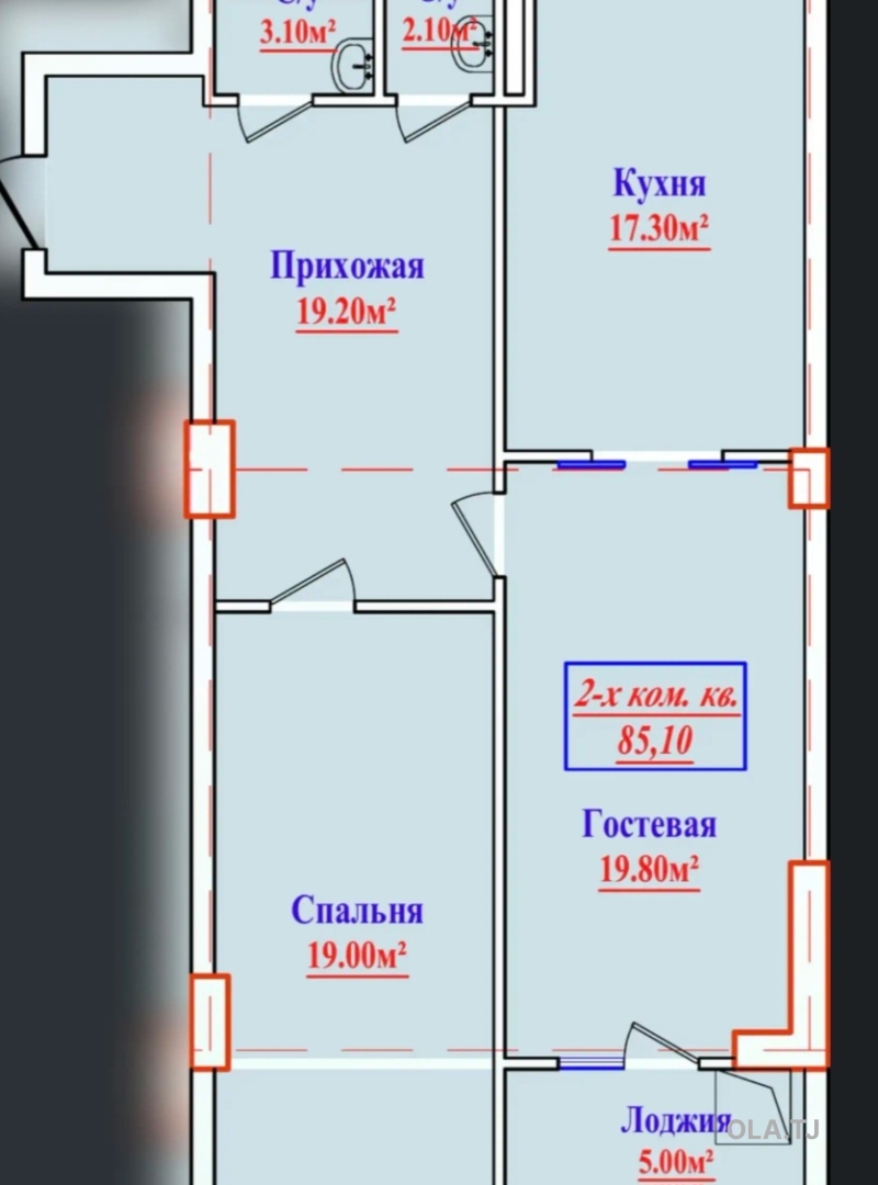 2 комнатная квартира, 7 этаж, 85 м²