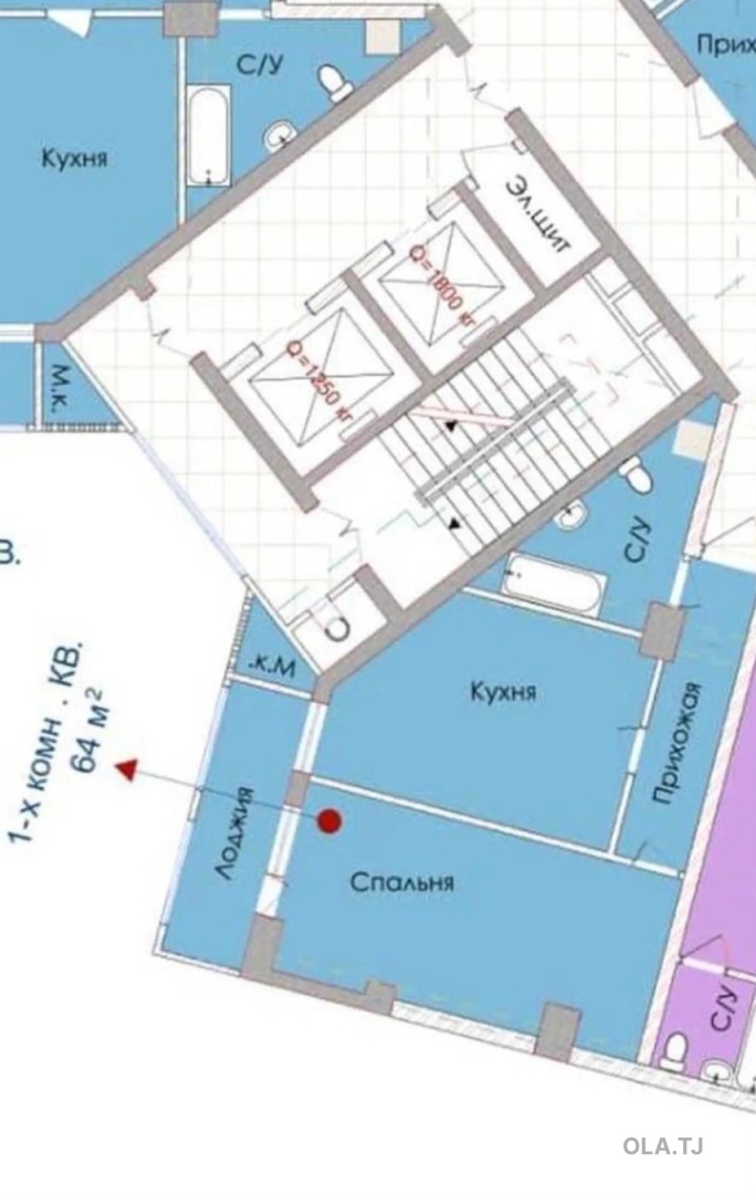 1 комнатная квартира, 15 этаж, 64 м²