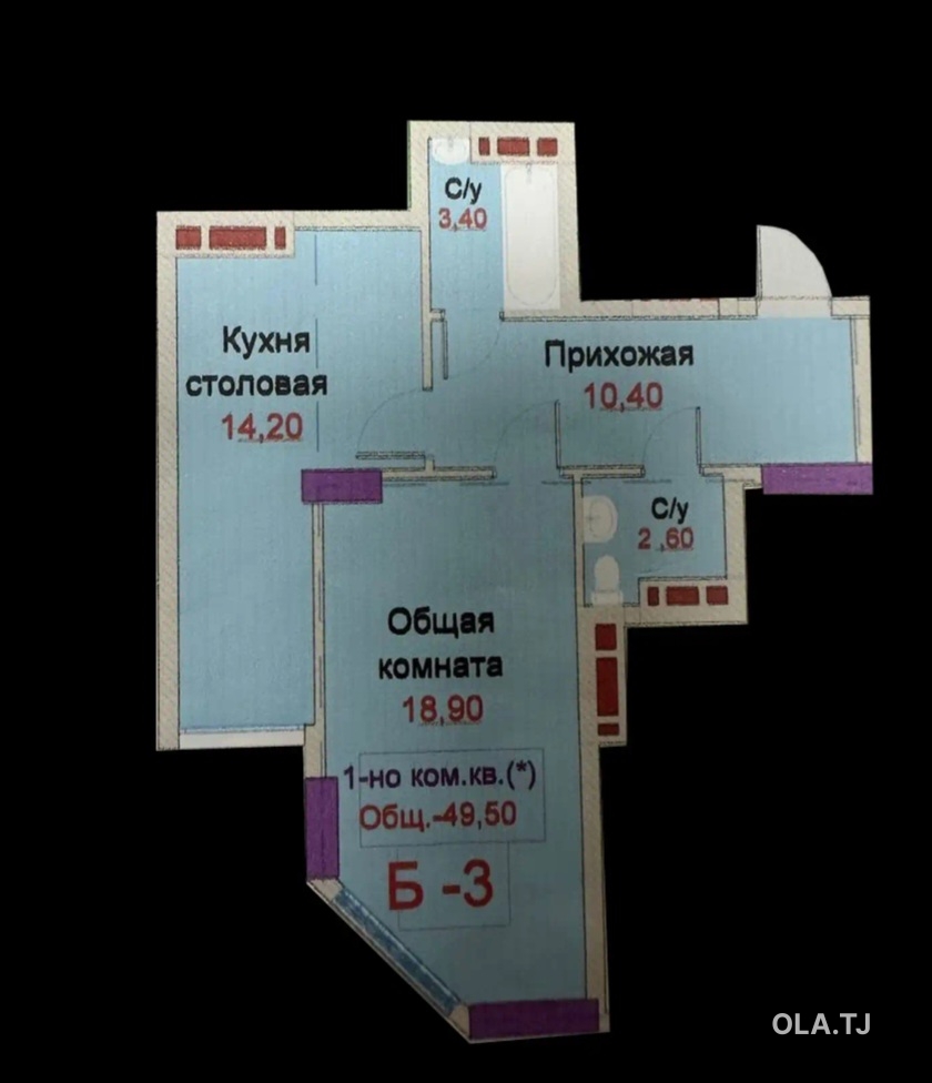 1 комнатная квартира, 14 этаж, 50 м²