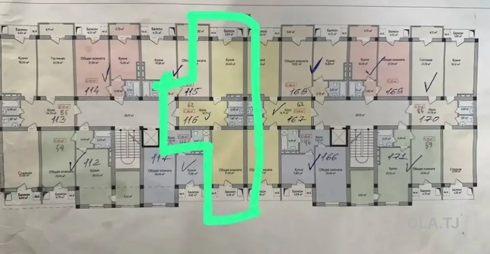 1 комнатная квартира, 9/, 62 м²
