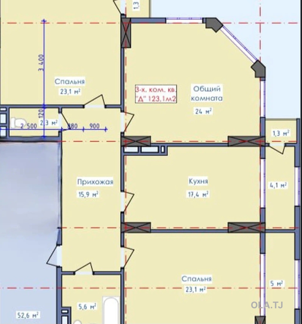 3 комнатная квартира, 4 этаж, 123 м²