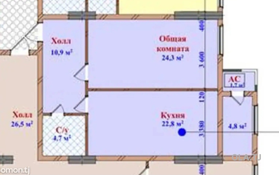1 комнатная квартира, 13 этаж, 69 м²