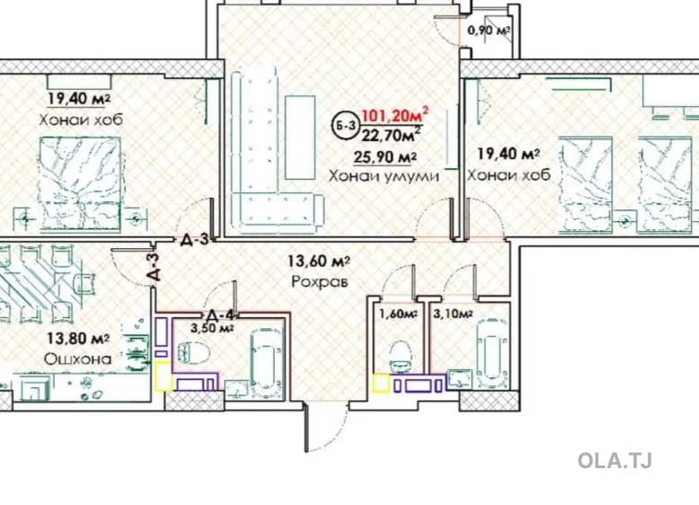 3 комнатная квартира, 14 этаж, 116 м²