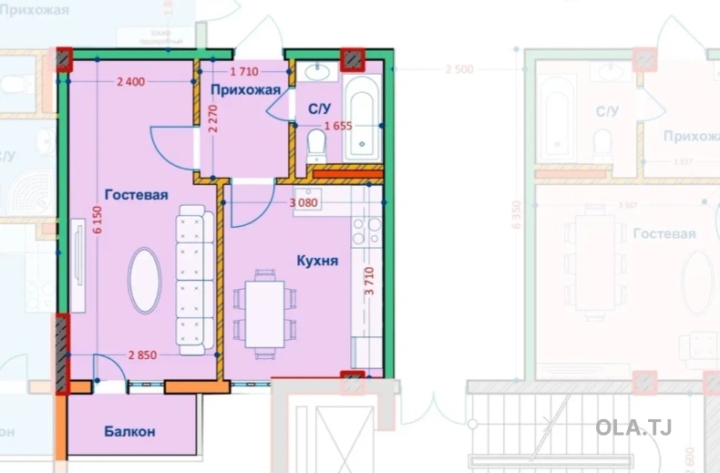 1 комнатная квартира, 5 этаж, 40 м²