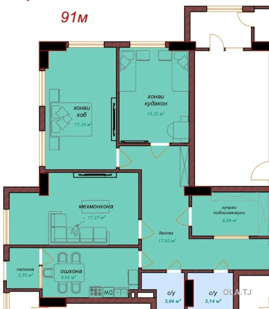 4 комнатная квартира, 8, 91 м²