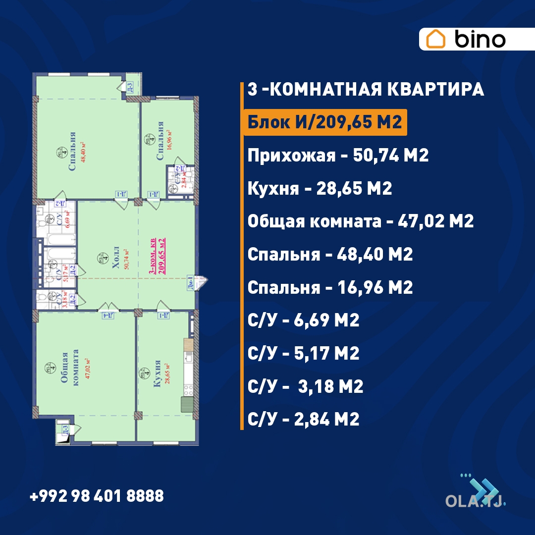 3 комнатная квартира, 5 этаж, 209.65 м²