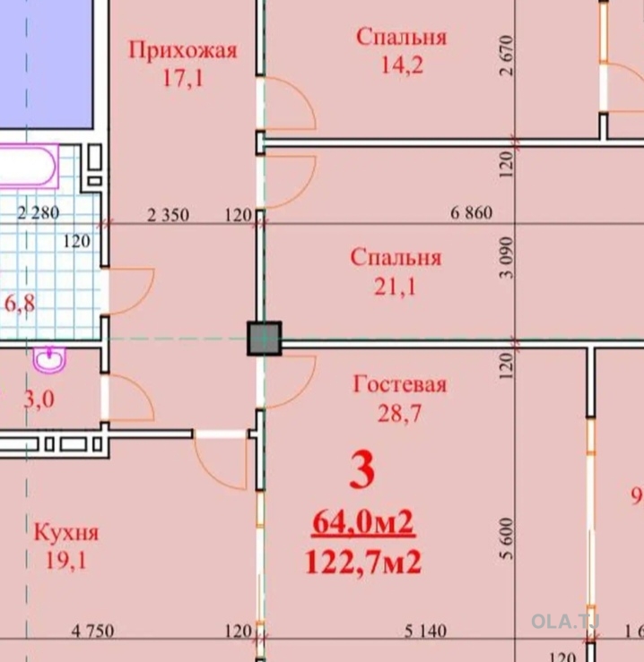 3 комнатная квартира, 18 этаж, 123 м²