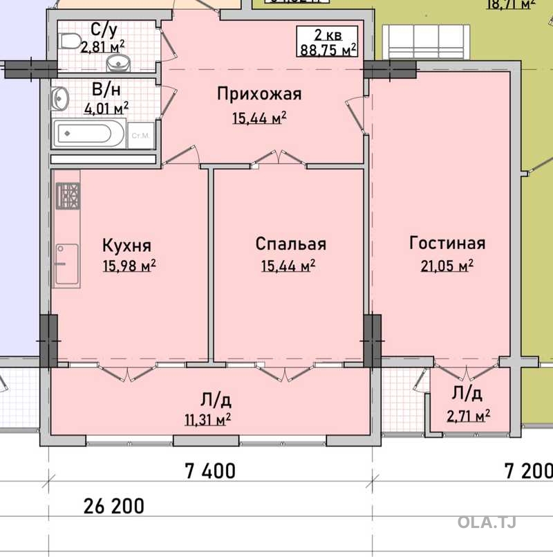 2 комнатная квартира, 2 этаж, 89 м²