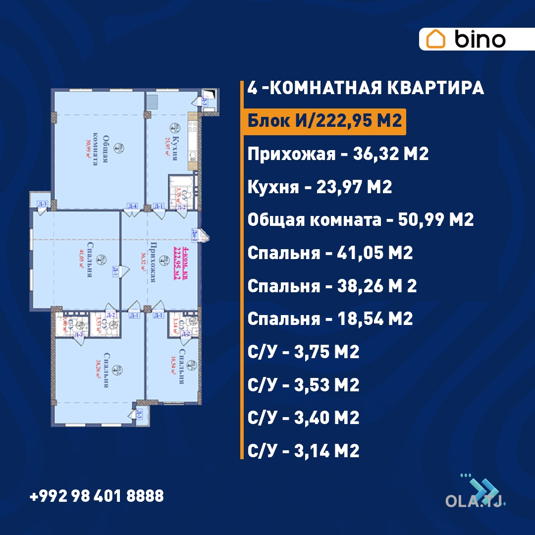 4 комнатная квартира, 7, 222.95 м²