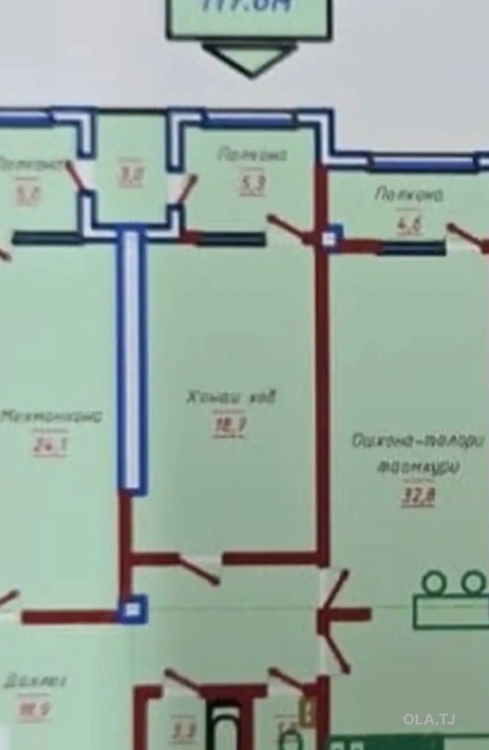 2 комнатная квартира, 9 этаж, 117 м²