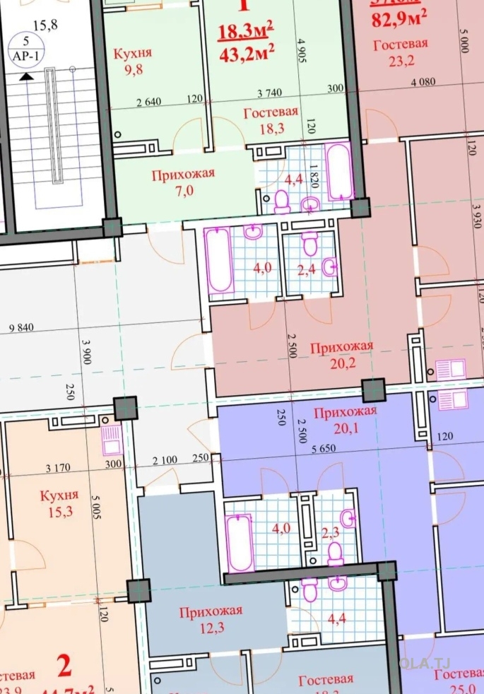 1 комнатная квартира, 6 этаж, 43 м²
