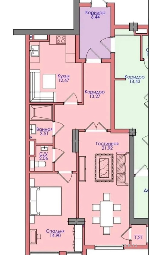 1 комнатная квартира, 16 этаж, 66 м²
