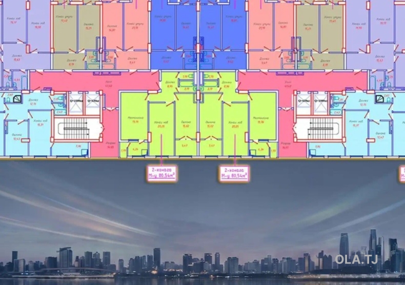 2 комнатная квартира, 8 этаж, 80 м²