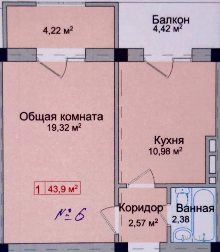 1 комнатная квартира, 4 этаж, 44 м²