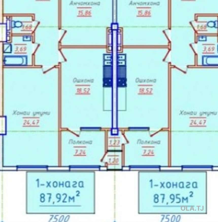 1 комнатная квартира, 6 этаж, 87 м²