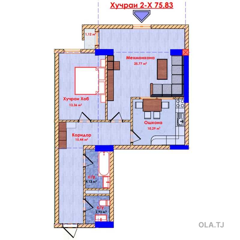 2 комнатная квартира, 12 этаж, 75 м²