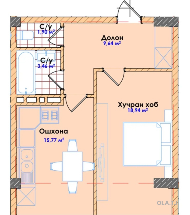 1 комнатная квартира, 7 этаж, 50 м²