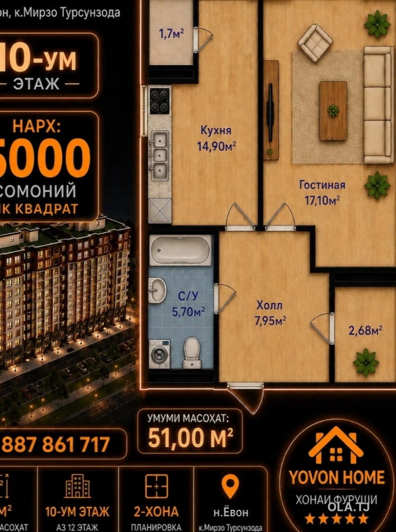 1 комнатная квартира, 1 этаж, 36 м²
