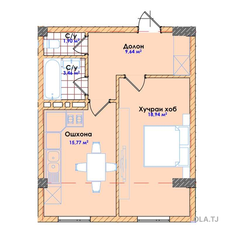 1 комнатная квартира, 6 этаж, 50 м²