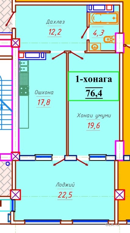 1 комнатная квартира, 15 этаж, 76 м²