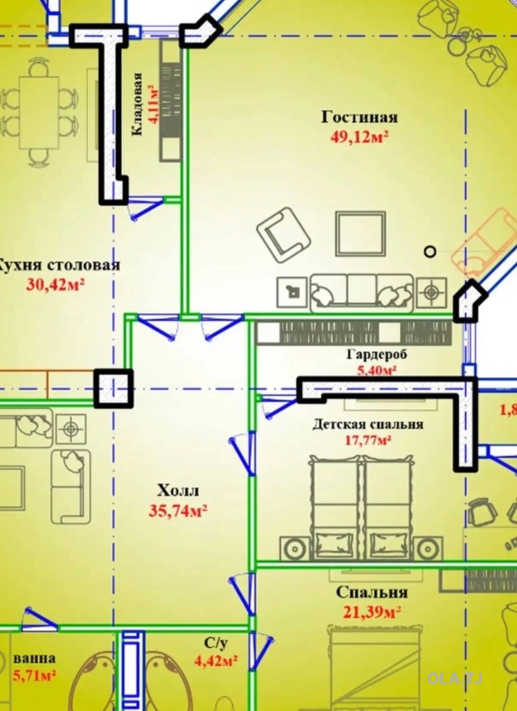 3 комнатная квартира, 1 этаж, 70 м²
