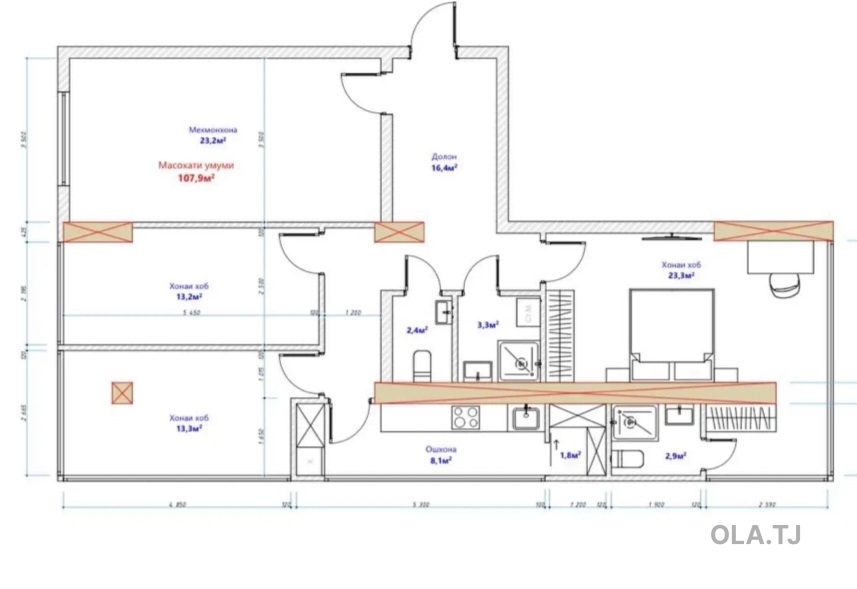 4 комнатная квартира, 9, 107 м²