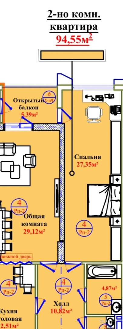 3 комнатная квартира, 14 этаж, 94 м²