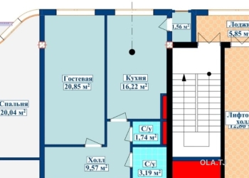 1 комнатная квартира, 8 этаж, 53 м²