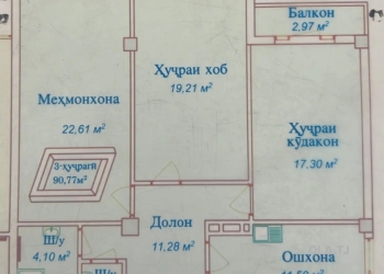 3 комнатная квартира, 6 этаж, 91 м²