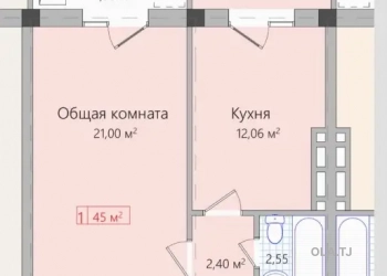 1 комнатная квартира, 10 этаж, 45 м²