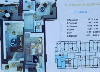 2 комнатная квартира, 7 этаж, 81 м²