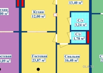2 комнатная квартира, 3 этаж, 72 м²